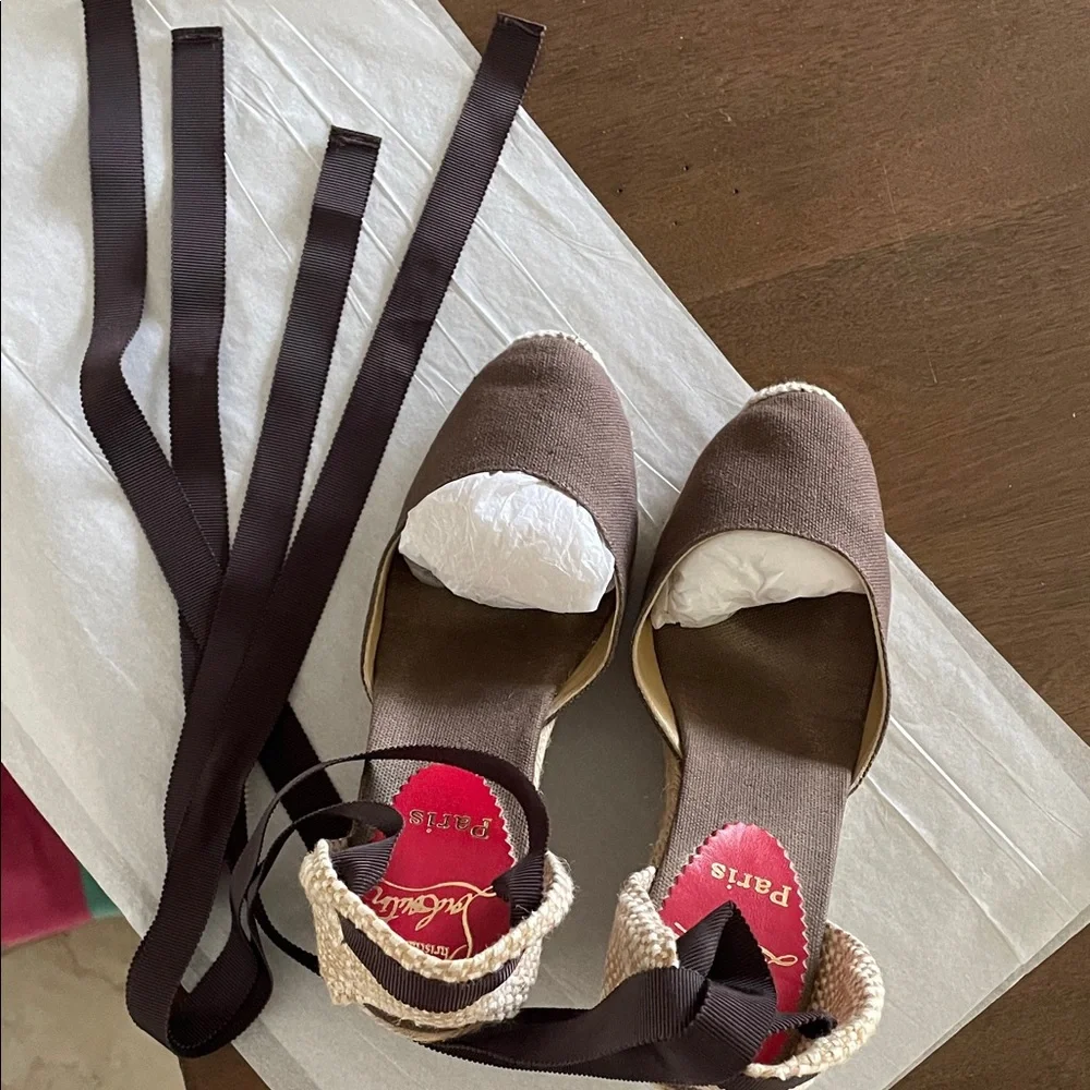 2 pair Christian Louboutin Brown Espadrille Flats with Ankle Ties